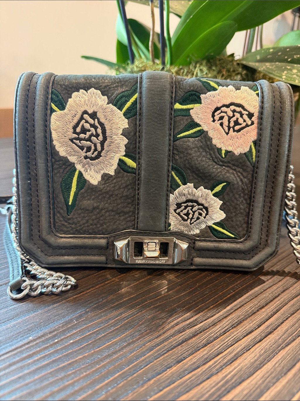 Rebecca Minkoff Small Love Black/Gray Embroidered Flower Crossbody Purse